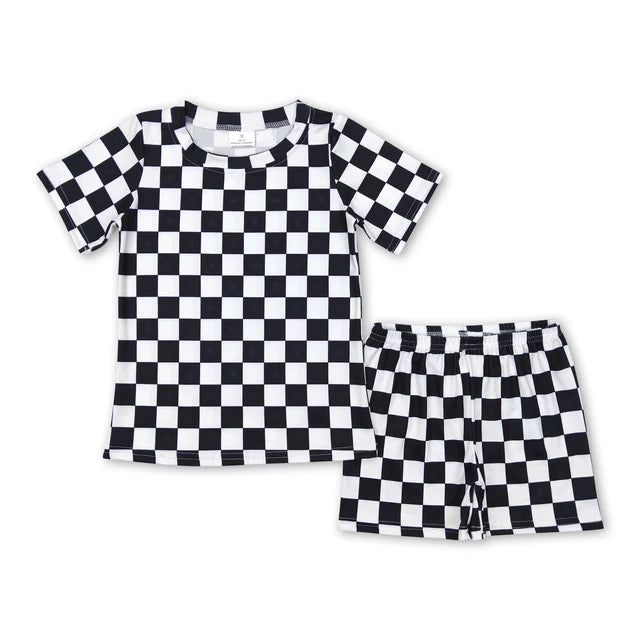RTS NO MOQ Sibling Baby Boys Khaki Checkered Summer Shorts Pajamas Clothes Sets