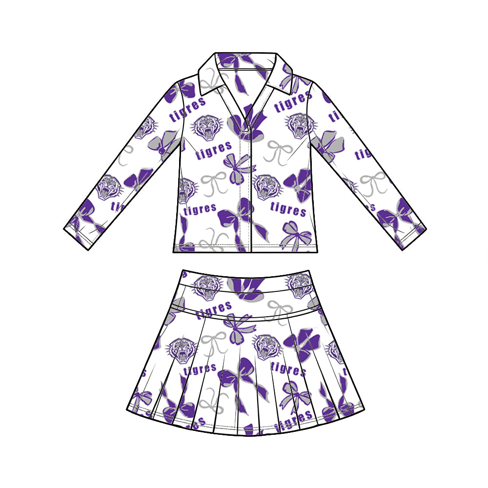 custom moq 5 mix size XY072406 Baby Girls Summer Bow Print Long Sleeve Top Pleated Skirt Two Piece Team Yoga Outfit Set