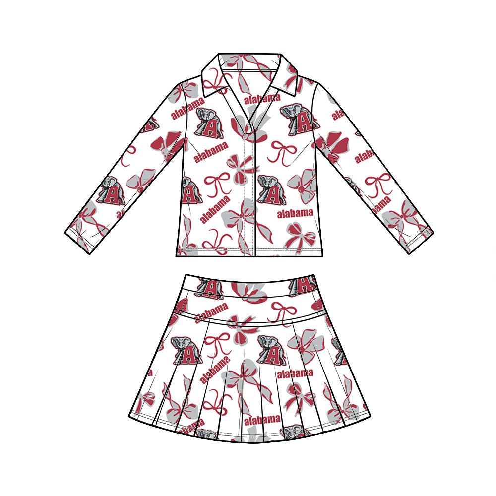 custom moq 5 mix size XY072306 Baby Girls Summer Bow Print Long Sleeve Top Pleated Skirt Two Piece Team Outfit Set