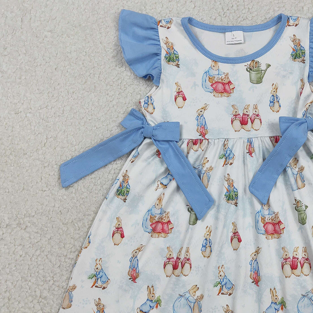 RTS NO MOQ GSD3452 Baby Girls Easter Knee-Length Dress with Flutter Sleeves And Bows Cute Rabbit Design for Little Girls