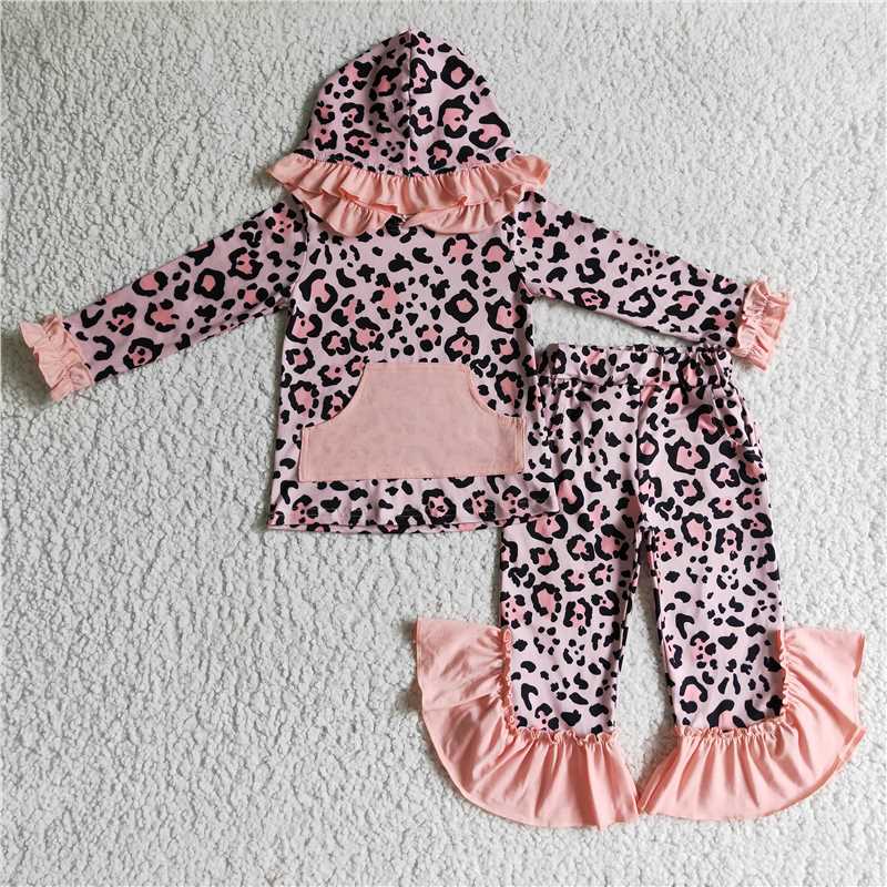 RTS NO MOQ(In Stock) GLP0254 Leopard print pocket pink hooded long sleeve trousers suit