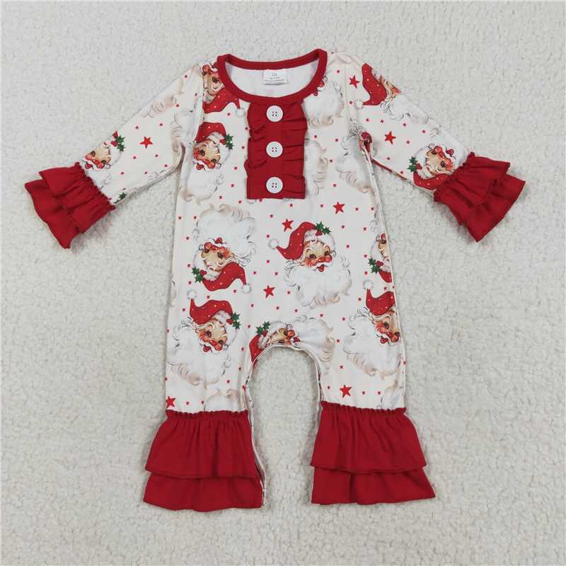 Baby Girls Christmas Santa Stars Collection - Red Ruffle Peplum Set & Button Romper