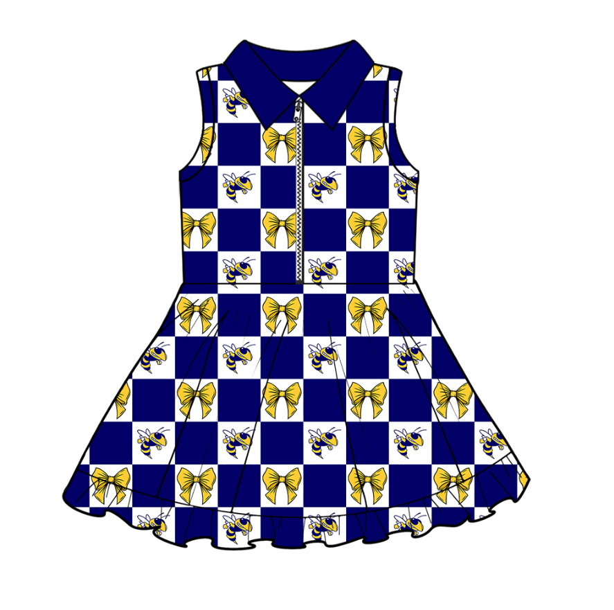 Custom moq 3 or 5 mix size milk silk summer teams baby girl clothes bow blue sleeveless dress