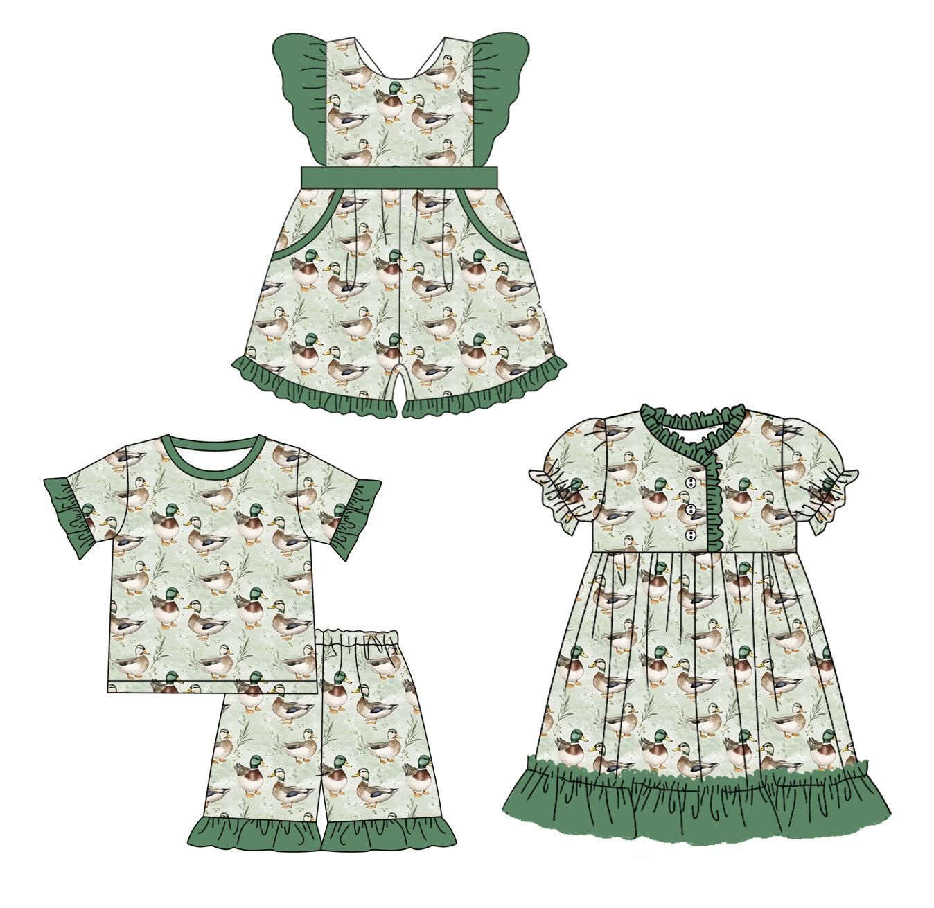 12.10 custom each style moq 5eta 4-6week Sibling Sister ducks baby girl short sleeve shorts sets and dress and jumpsuits match family design