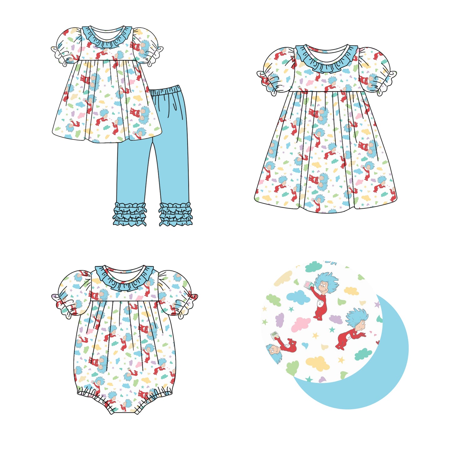 12.6 custom each style moq 5eta 4-6week Sibling Sister dr seuss baby girl sets and dress and rompers match family design