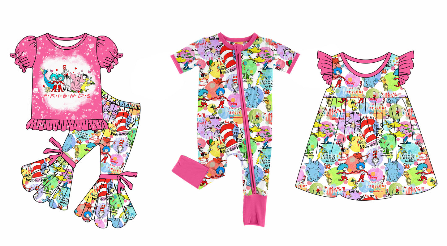 11.28 custom each style moq 5eta 4-6week Sibling Sister dr seuss baby girl sets and dress and rompers match family design