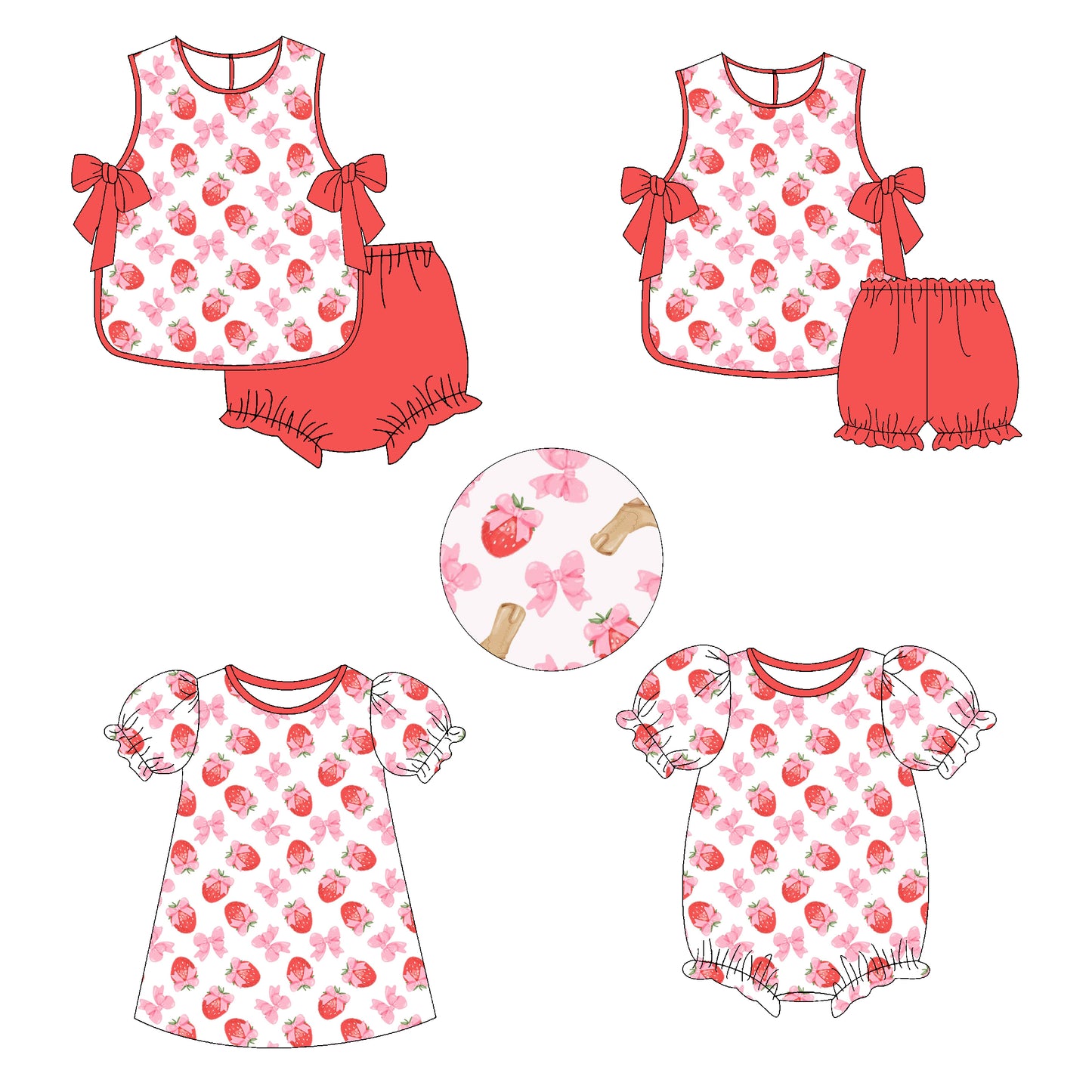 11.11 custom each style moq 5eta 4-6week Sibling Sister strawberry bow baby girl short sleeve shorts sets and briefs sets 2 and girls romper and dress match design