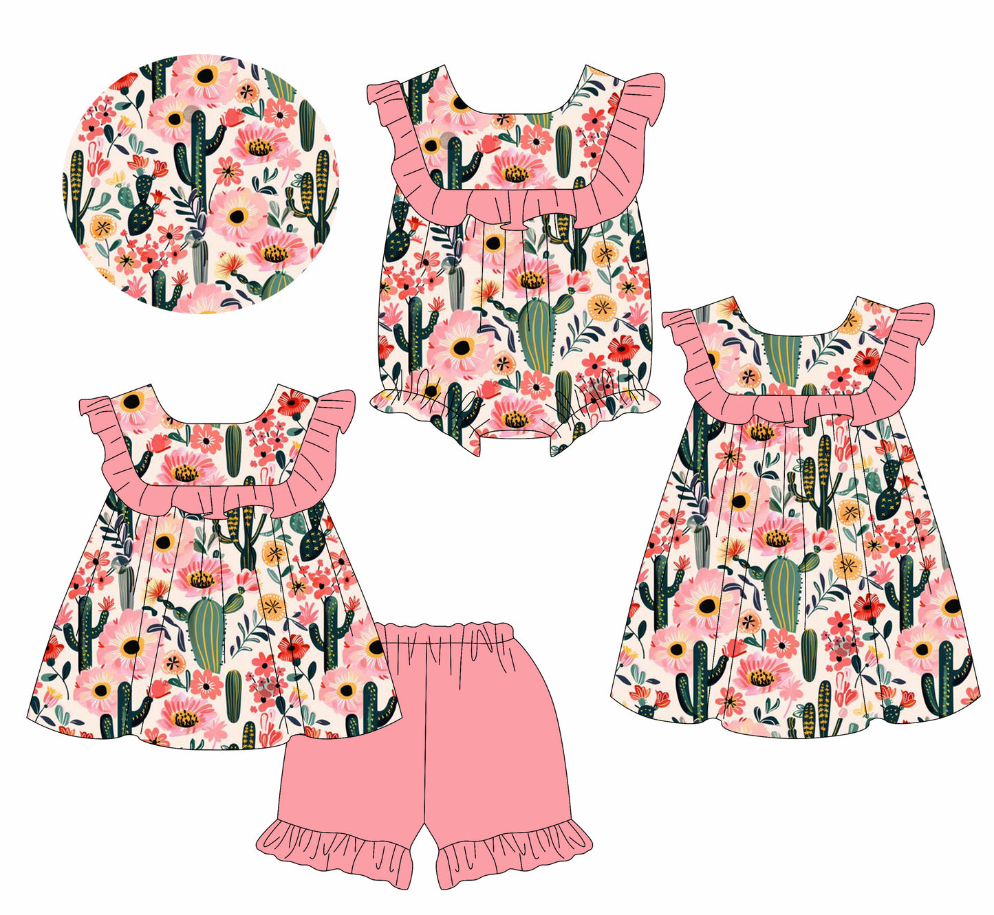2.17 custom each style moq 5eta 4-6week Sibling Sisters floral baby girl short sleeve shorts sets and dress and rompers match family design