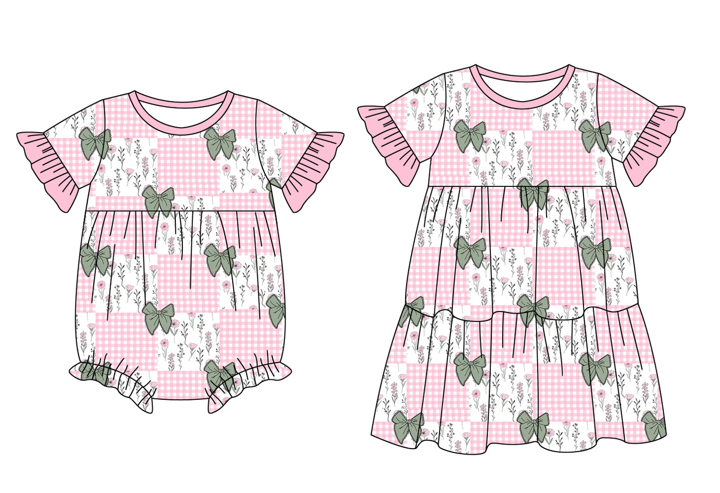25.12.26 custom each style moq 5 eta 6-8week Sibling Sister floral bow baby short sleeve romper and dress match design