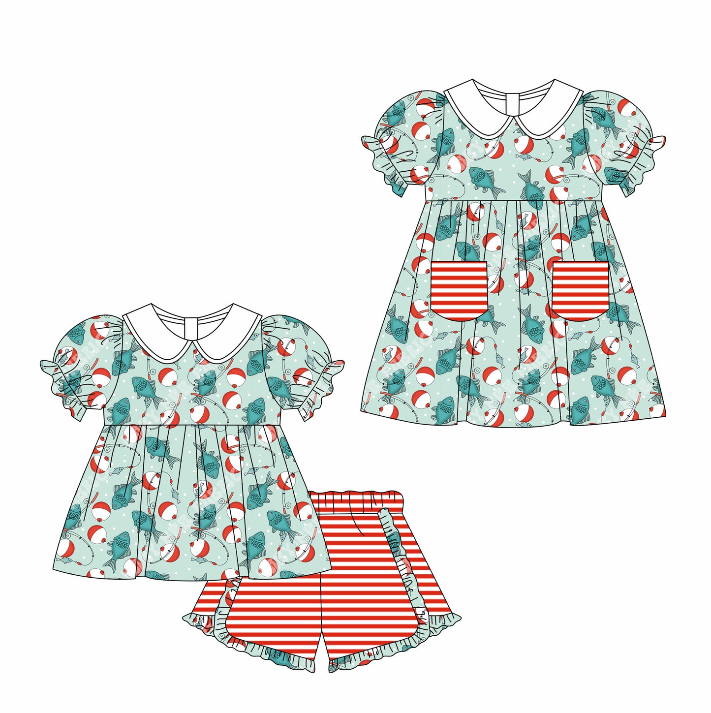 11.6 custom each style moq 5eta 4-6week Sibling Sister fishing baby girl short sleeve shorts sets and briefs sets and dresses match design