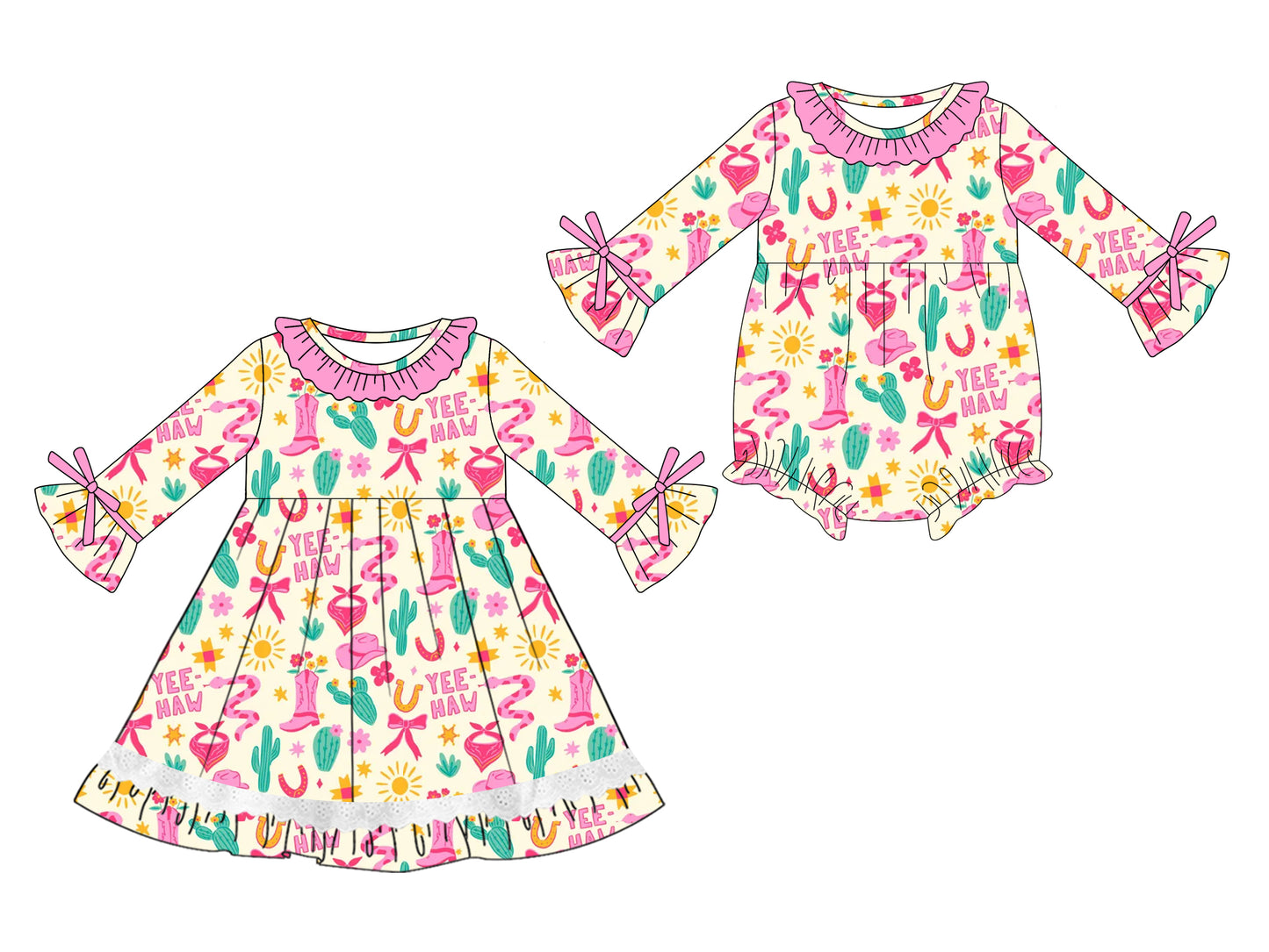 25.5.14 custom each style moq 5eta 4-6week Sibling Sisters bow catcus boots hat baby girl long sleeve dress and rompers match family design