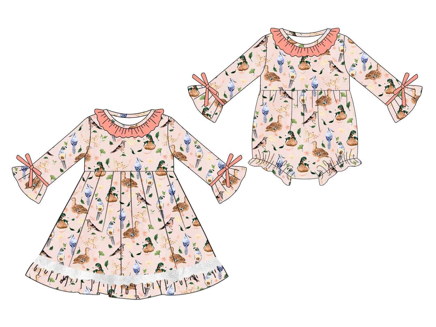 25.5.12 custom each style moq 5eta 4-6week Sibling Sisters duck baby girl long sleeve dress and rompers match family design