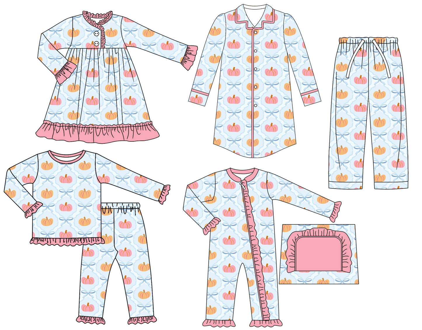 25.6.24 custom each style moq 5eta 4-6week Sibling Sisters pumpkin bow baby girl long sleeve pants sets and adult top and adult pants and romper and dress match family design