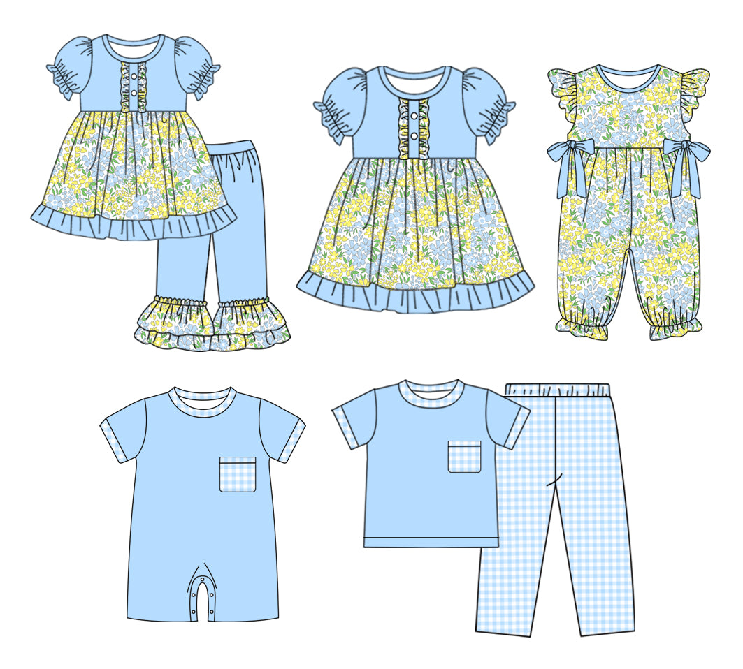 11.2 custom each style moq 5eta 4-6week Sibling Sister floral baby girl sets 1 and sets 2 and dress and boy rompers and girl romper match family design
