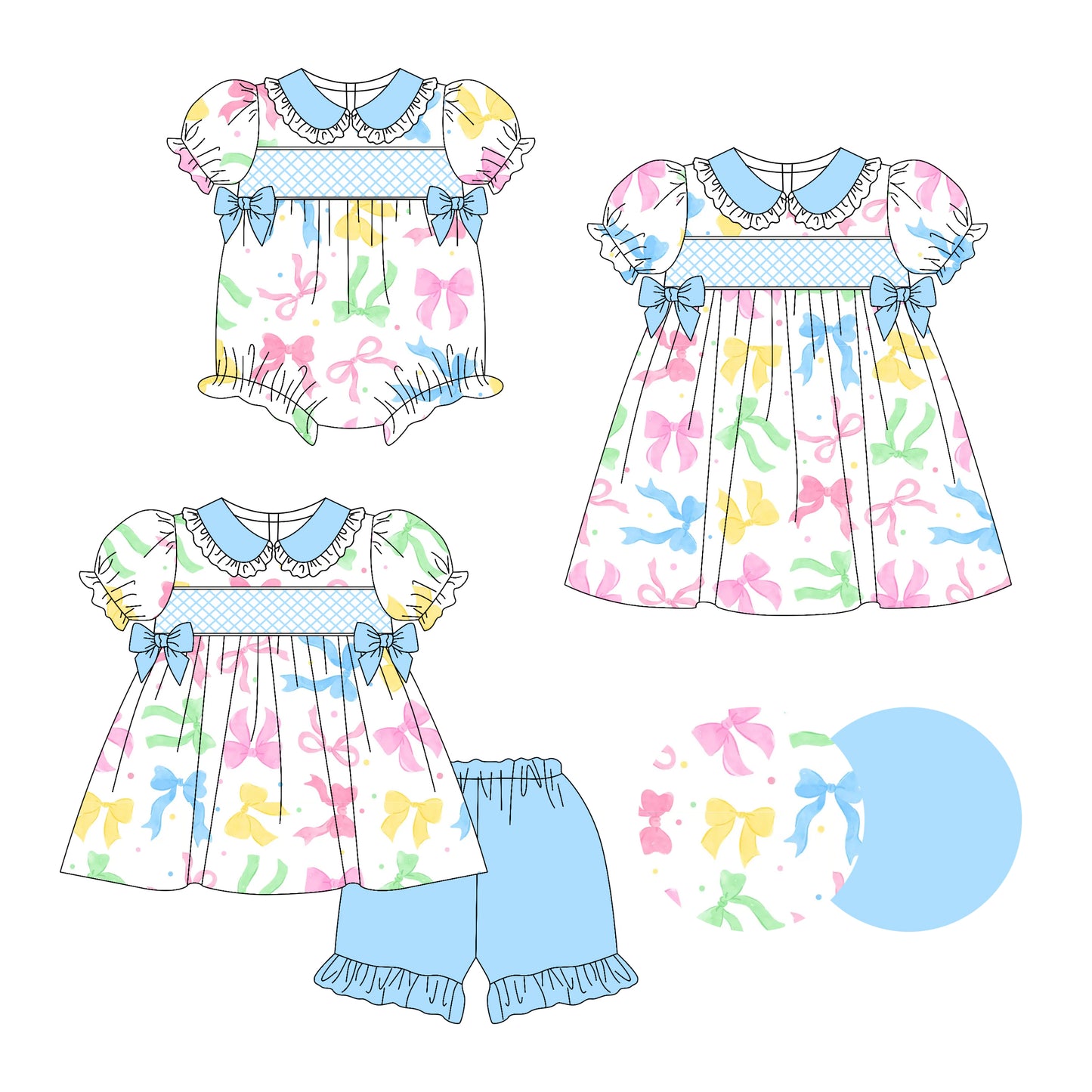 3.14 custom each style moq 5eta 4-6week Sibling Sisters bow baby girl short sleeve shorts sets and dress and rompers match family design