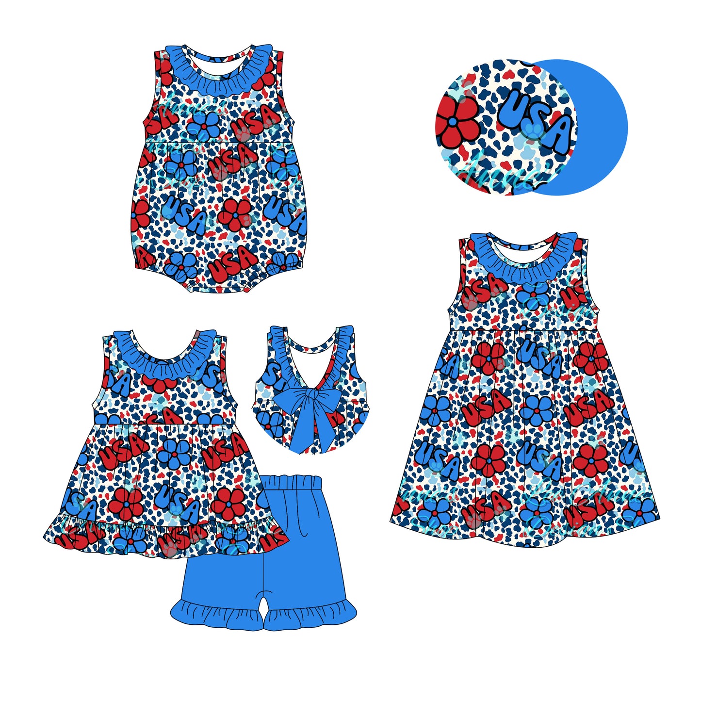 3.6 custom each style moq 5eta 4-6week Sibling Sisters USA leopard baby girl short sleeve shorts sets and dress and rompers match family design