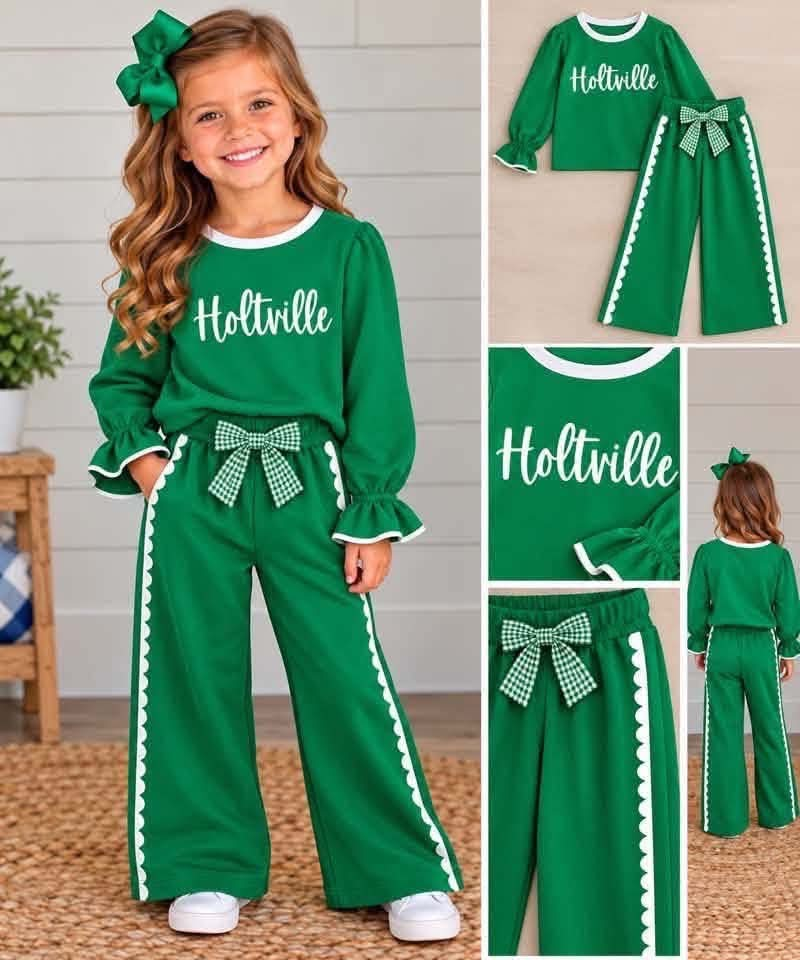 custom moq 5 mix size MelissaRR0101 Baby Kids Green Ruffle Sleeve Top Wide Leg Pants Set