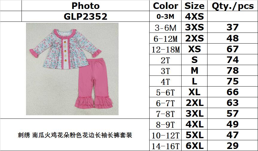 rts no moq GLP2352 Embroidered pumpkin turkey flower pink lace long-sleeved trousers set