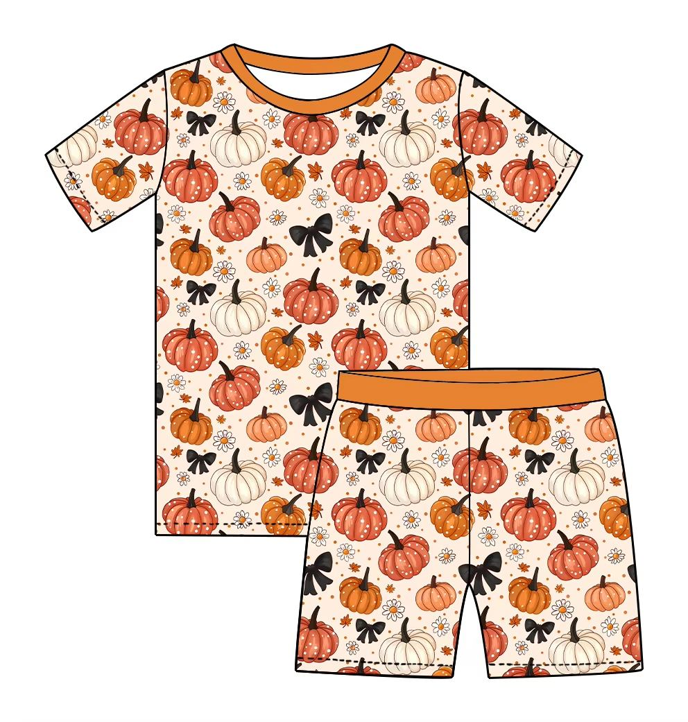 Custom moq 5 each style eta 6-7weeks baby boy clothes pumpkin bow short sleeve shorts sets-25.8.1