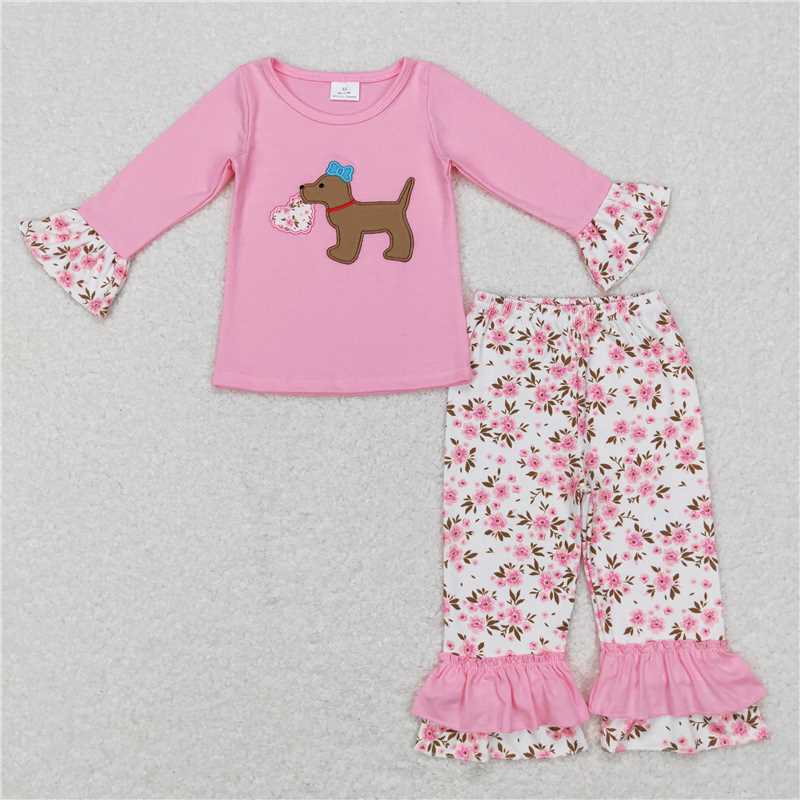 RTS NO MOQ(In Stock) GLP0937 Baby girl Toddler embroidery puppy Shirts Pants Clothes Sets
