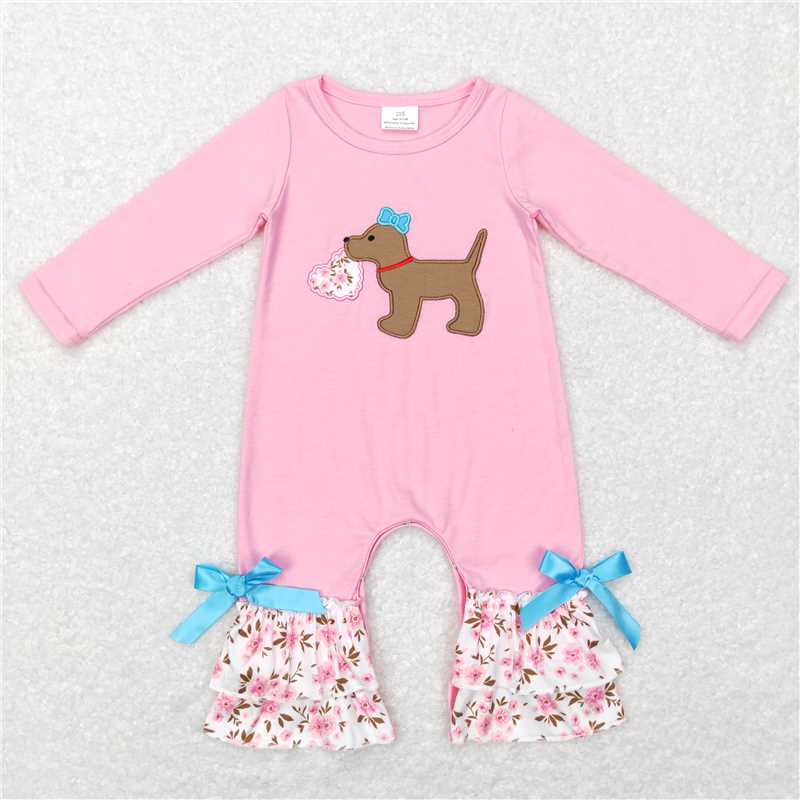 RTS NO MOQ(In Stock) LR0789 Baby Girl clothes puppy long sleeve bodysuit with embroidered