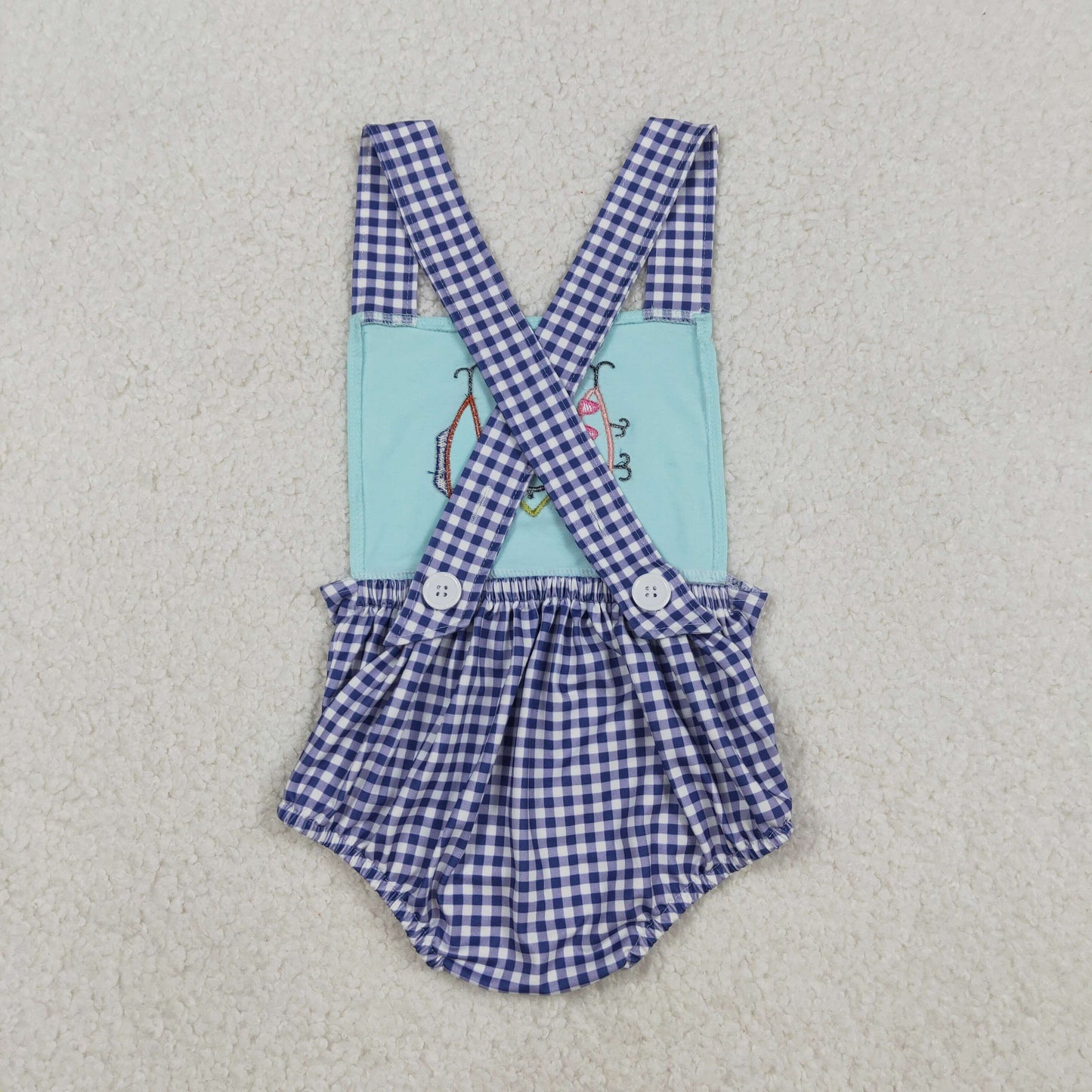 RTS NO MOQ(In Stock) Embroidered Fishing Bait Blue Plaid Vest Jumpsuit