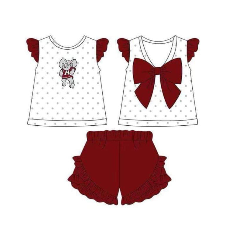 Deadline October 12 custom no moq eta 6-8weeks Grey Letter Elephant Polka Dot Fly Sleeve Top & Red Ruffle Shorts Set