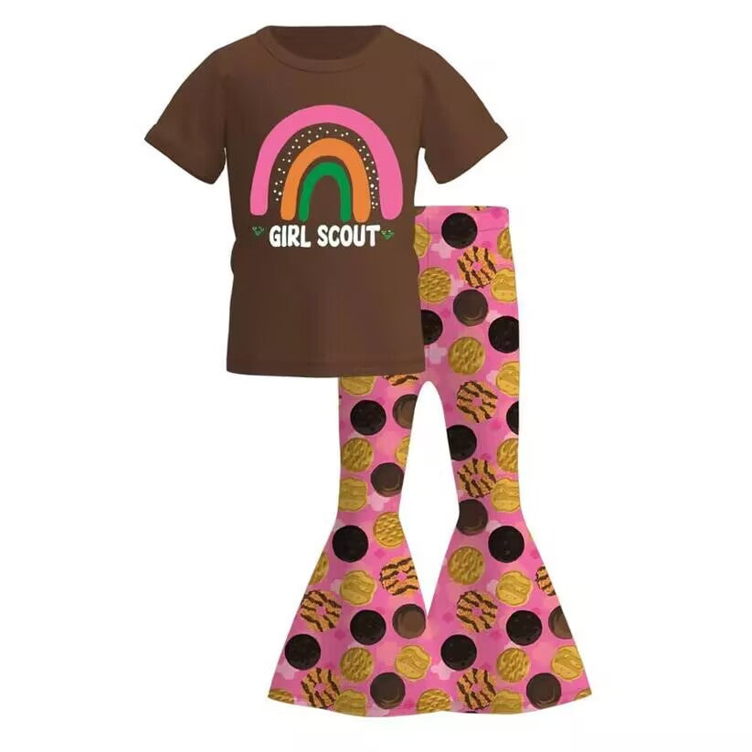 Deadline October 7 custom no moq eta 6-8weeks Dark Brown Rainbow Short Sleeve Top & Pink Donut Pattern Flared Pants Set