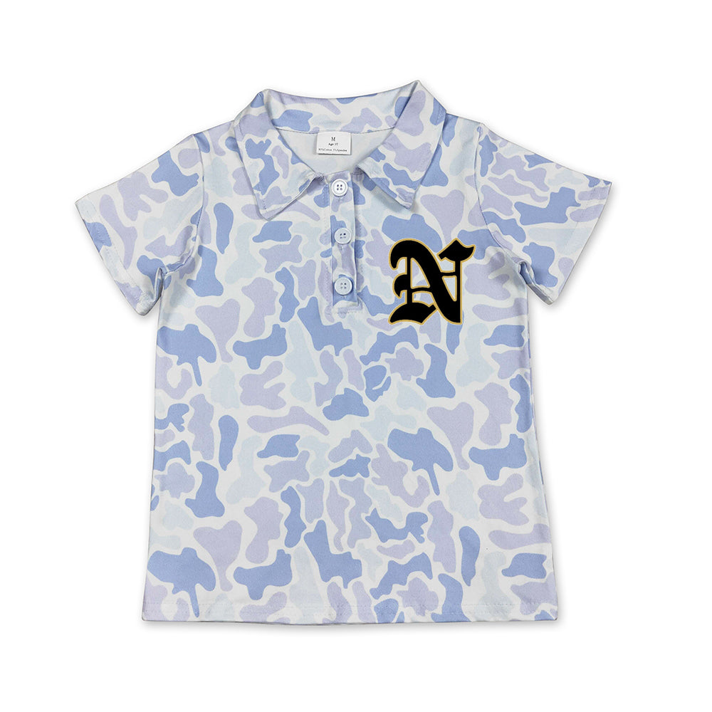 Custom moq 5 mix size milk silk summer teams Baby Boys Short Sleeve Light Blue Camo Polo Shirts Top