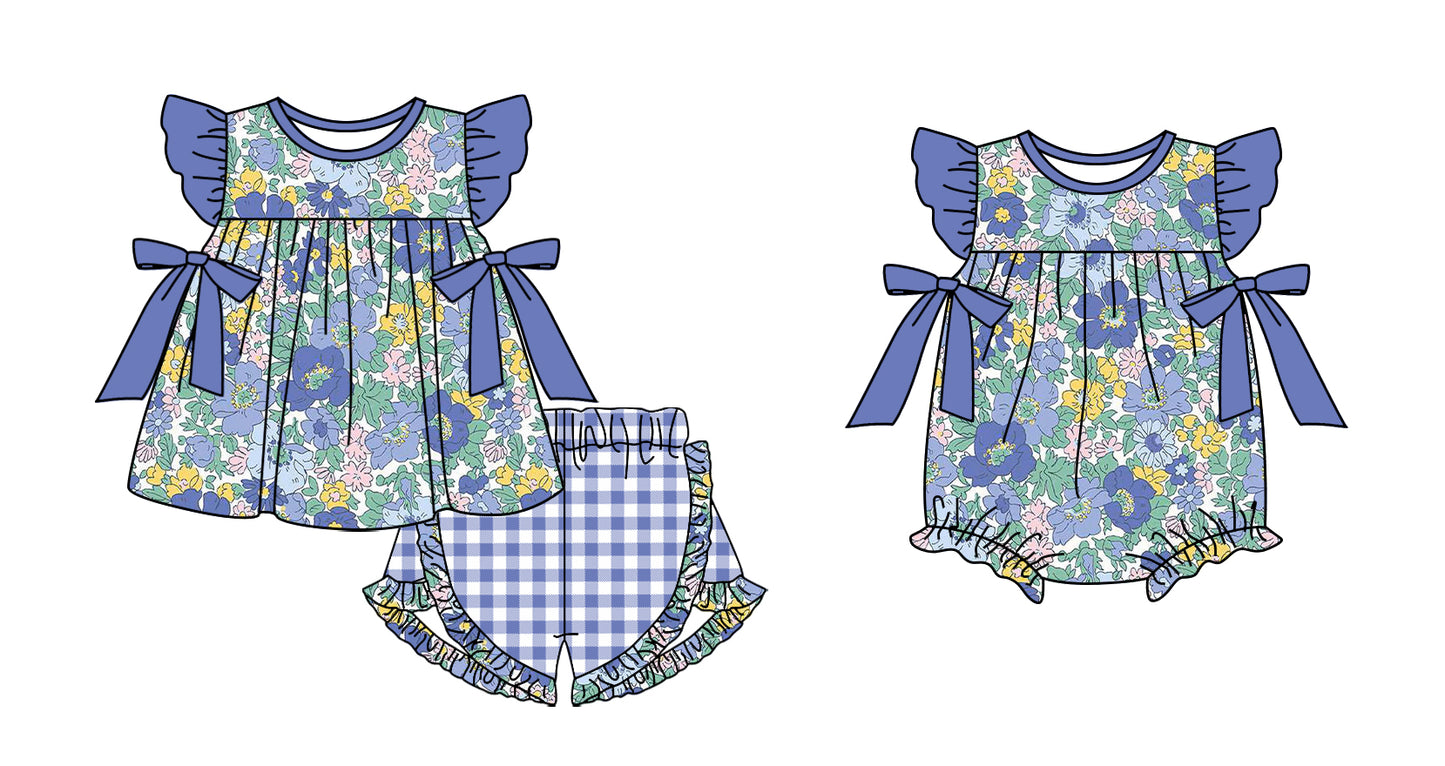11.3 custom each style moq 5eta 4-6week Sibling Sister floral blue baby girl short sleeve shorts sets and rompers match design