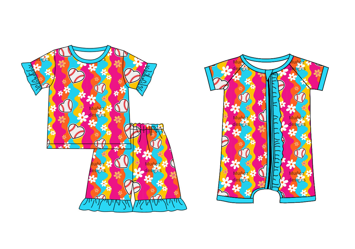 12.2 custom each style moq 5eta 4-6week Sibling Sister love baseball floral baby girl short sleeve shorts sets and rompers match design