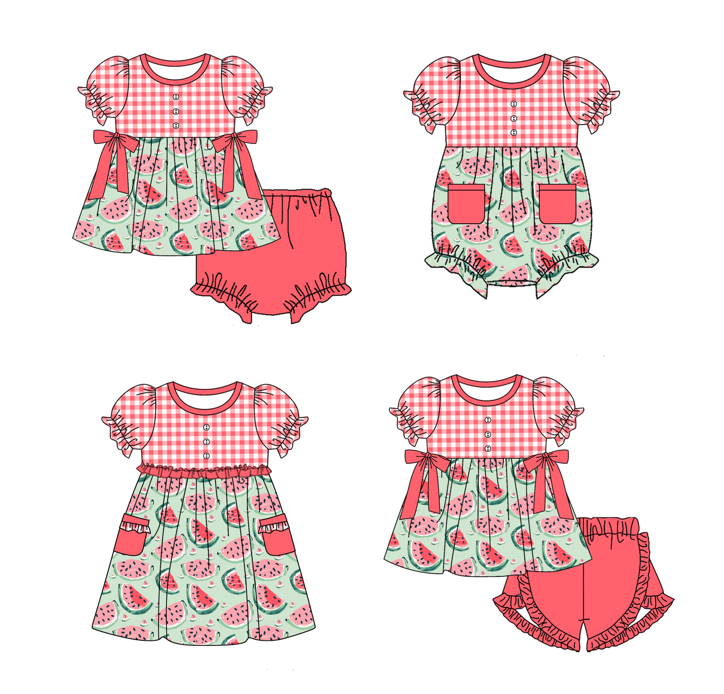 11.21 custom each style moq 5eta 4-6week Sibling Sister watermelon baby girl short sleeve shorts sets and briefs sets 2 and girls romper and dress match design