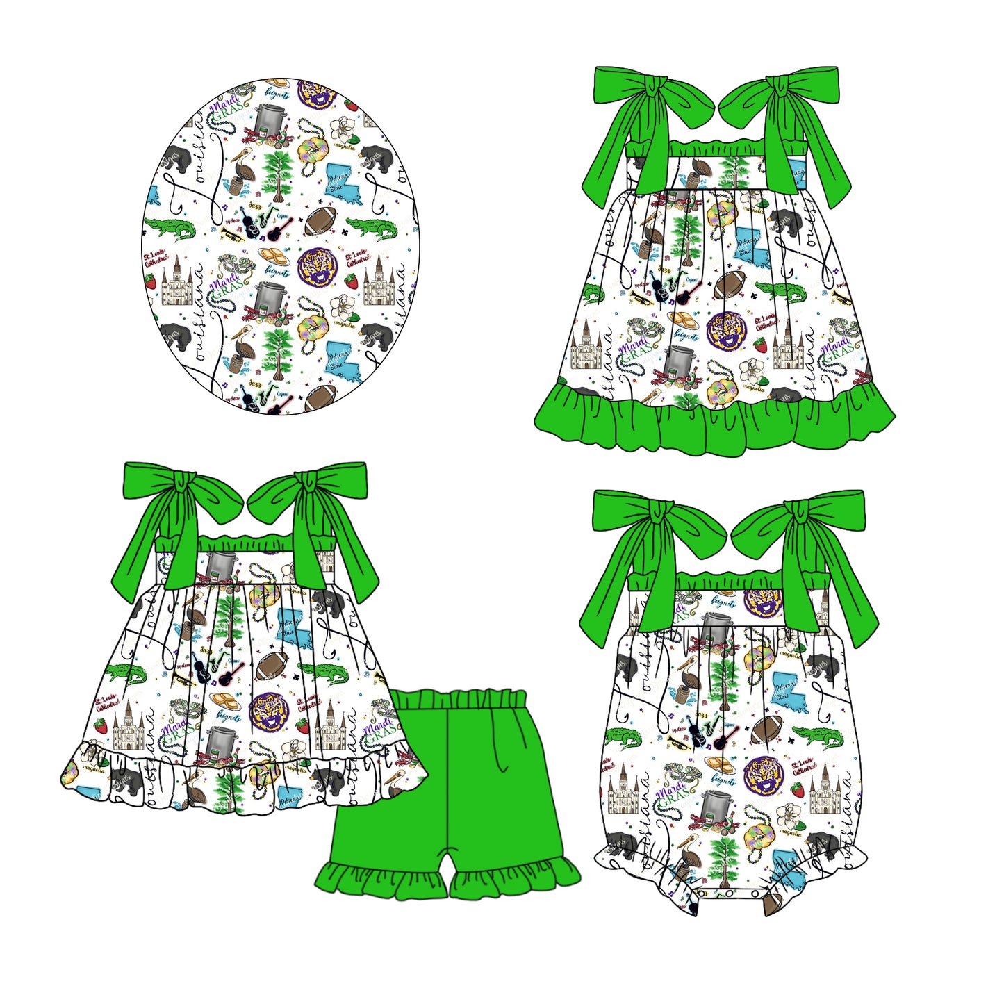 12.14 custom each style moq 5eta 4-6week Sibling Sister mardi gras baby girl short sleeve shorts sets and dress and rompers match family design