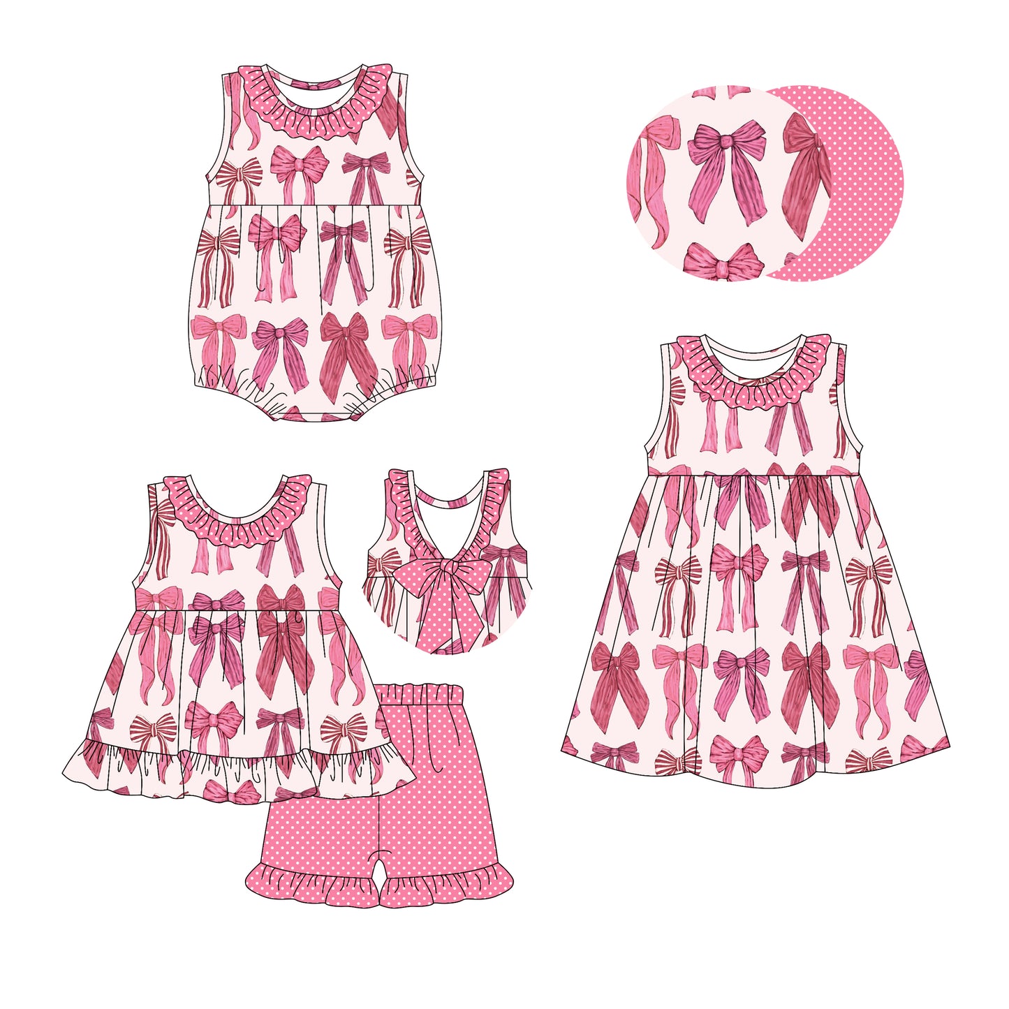 2.26 custom each style moq 5eta 4-6week Sibling Sisters bow baby girl short sleeve shorts sets and dress and rompers match family design