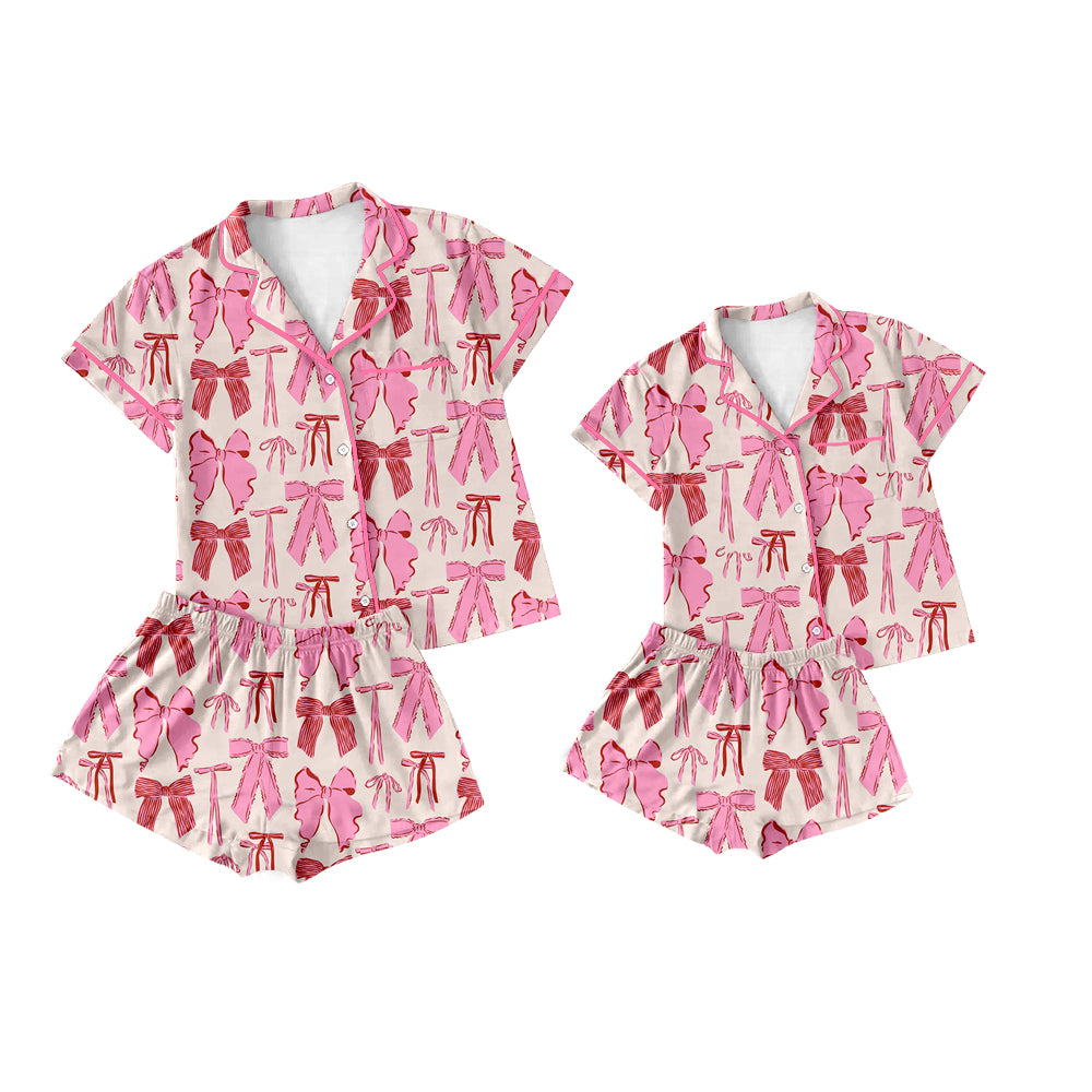 12.3 custom each style moq 5eta 4-6week Sibling Sister bow baby boys short sleeve shorts sets and adult sets match design