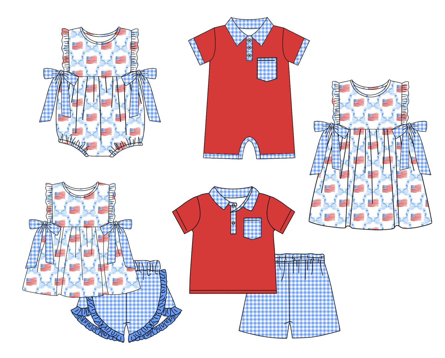 11.22 custom each style moq 5eta 4-6week Sibling Sister 4th of july baby girl short sleeve shorts sets and sets 2 and girls romper and boy romper and dress match design