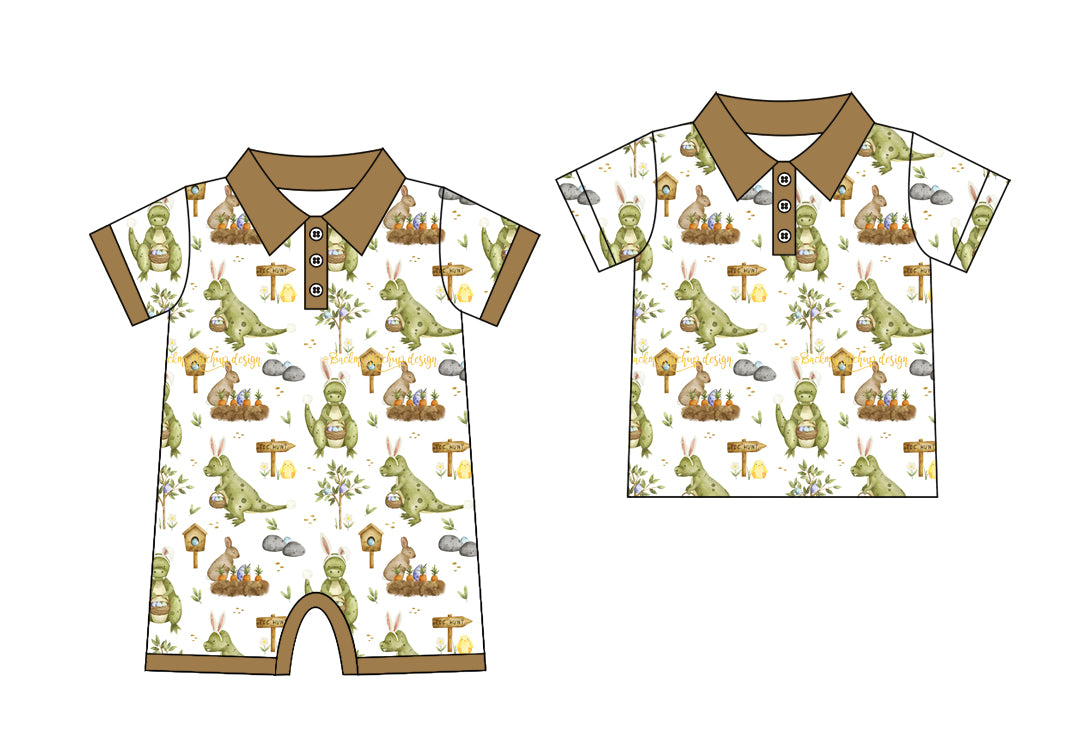 25.9.26 custom each style moq 8 eta 6-8week Sibling Sisters easter dinosaur baby boy short sleeve top and rompers match family design
