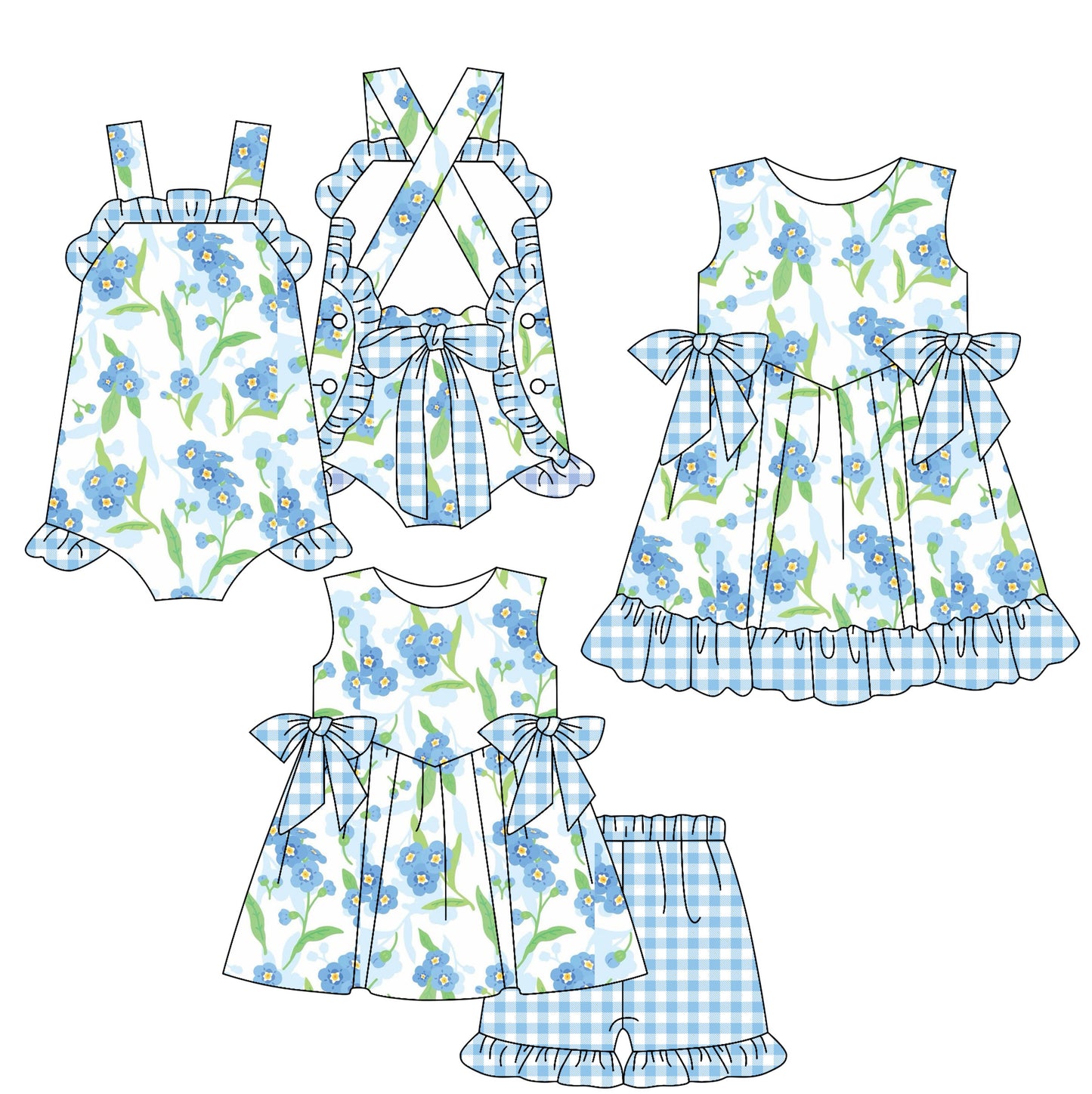 2.15 custom each style moq 5eta 4-6week Sibling Sisters floral baby girl short sleeve shorts sets and dress and rompers match family design