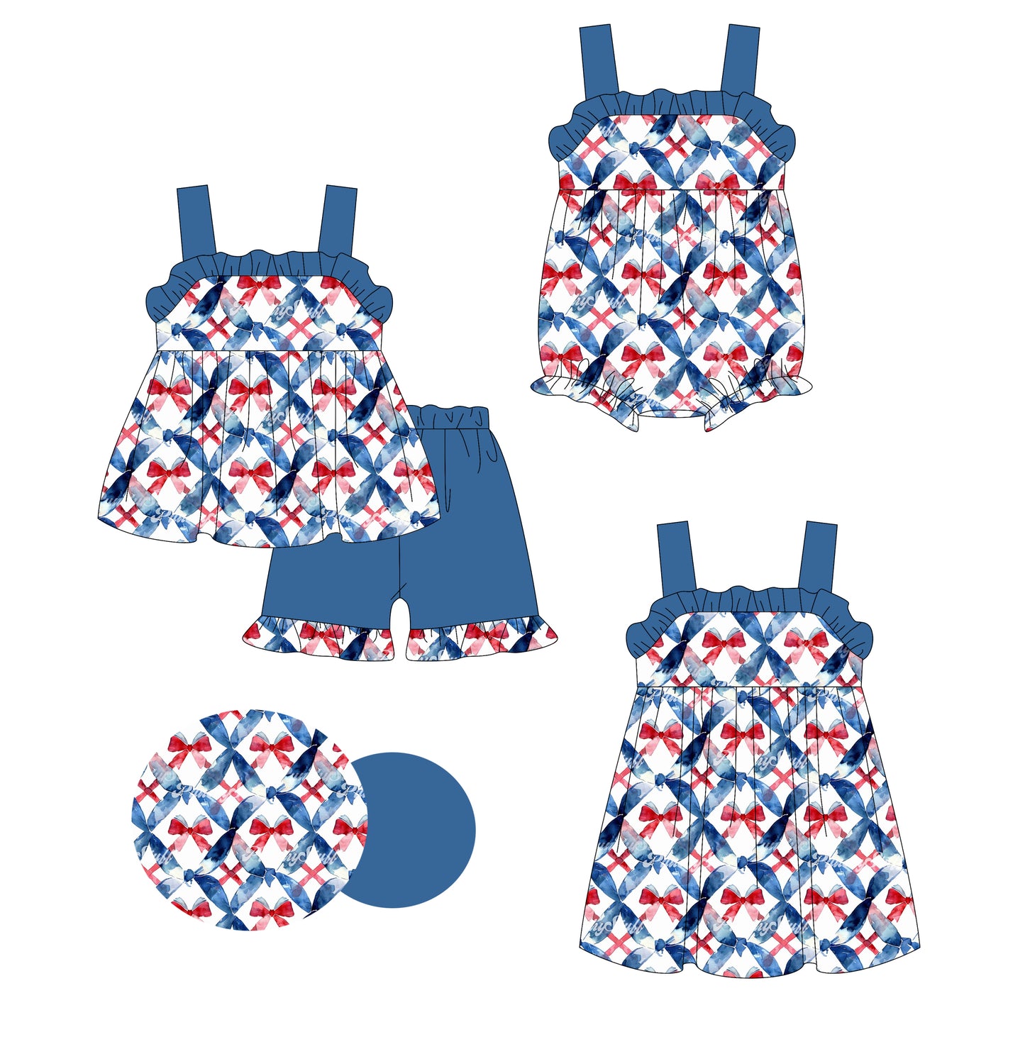 3.6 custom each style moq 5eta 4-6week Sibling Sisters bow baby girl short sleeve shorts sets and dress and rompers match family design