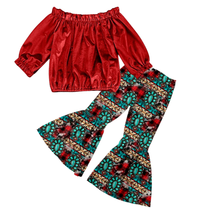 Deadline September 21 custom no moq eta 6-8weeks Red One-shoulder Long-sleeved Top-Mixed Flared Pants Set