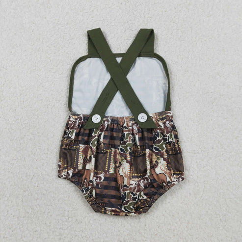 RTS NO MOQ Sibling Baby Boys Camouflage Shirt with Deer Hat And Pockets Short Hunting Themed Clothes Set with Strap Rompers