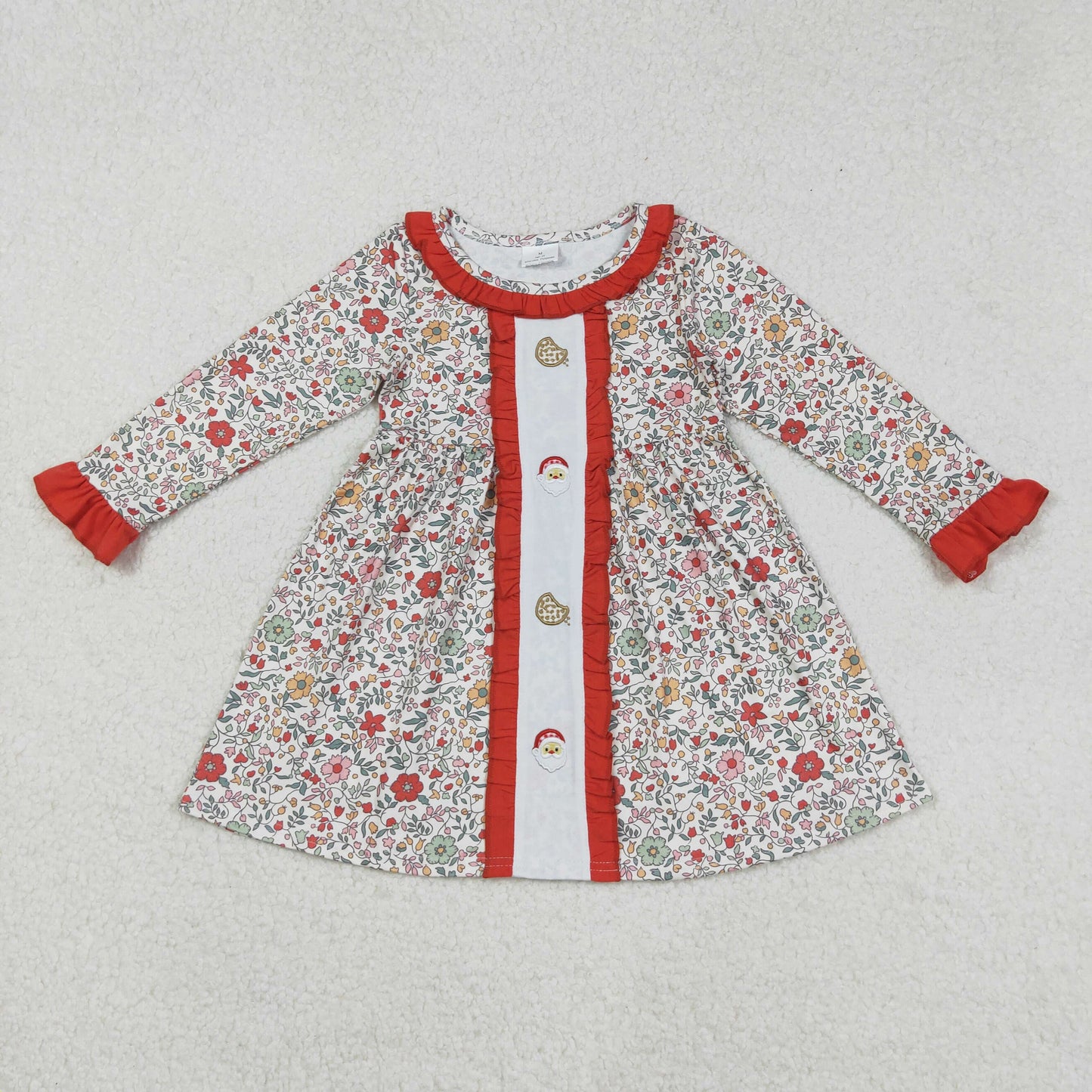 RTS NO MOQ(In Stock) GLD1062 Embroidered Cookie Santa Claus Flower and Leaf Red Lace Long-Sleeved Dress