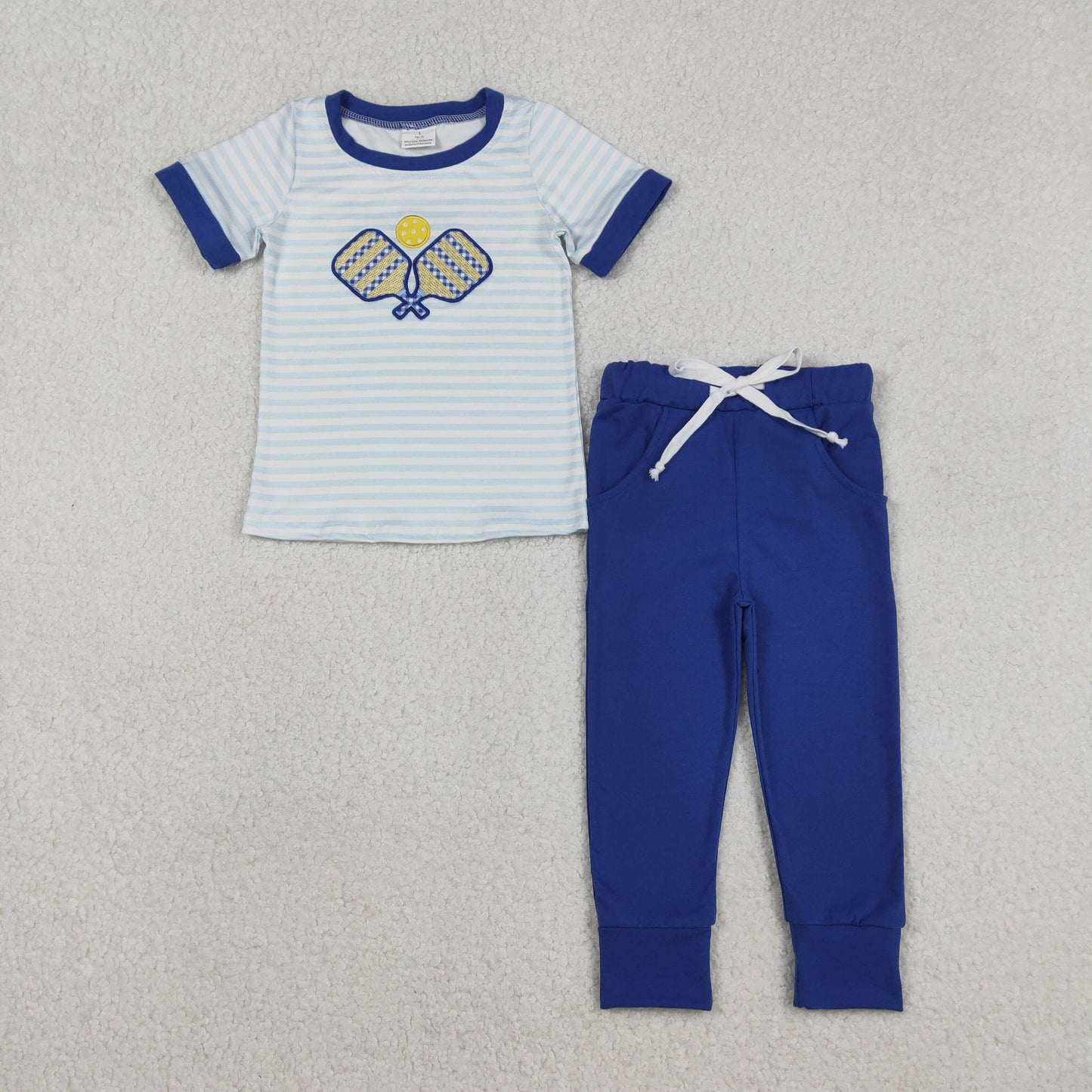 RTS NO MOQ(In Stock) Embroidered Racket Blue Striped Short-Sleeve Pants Set