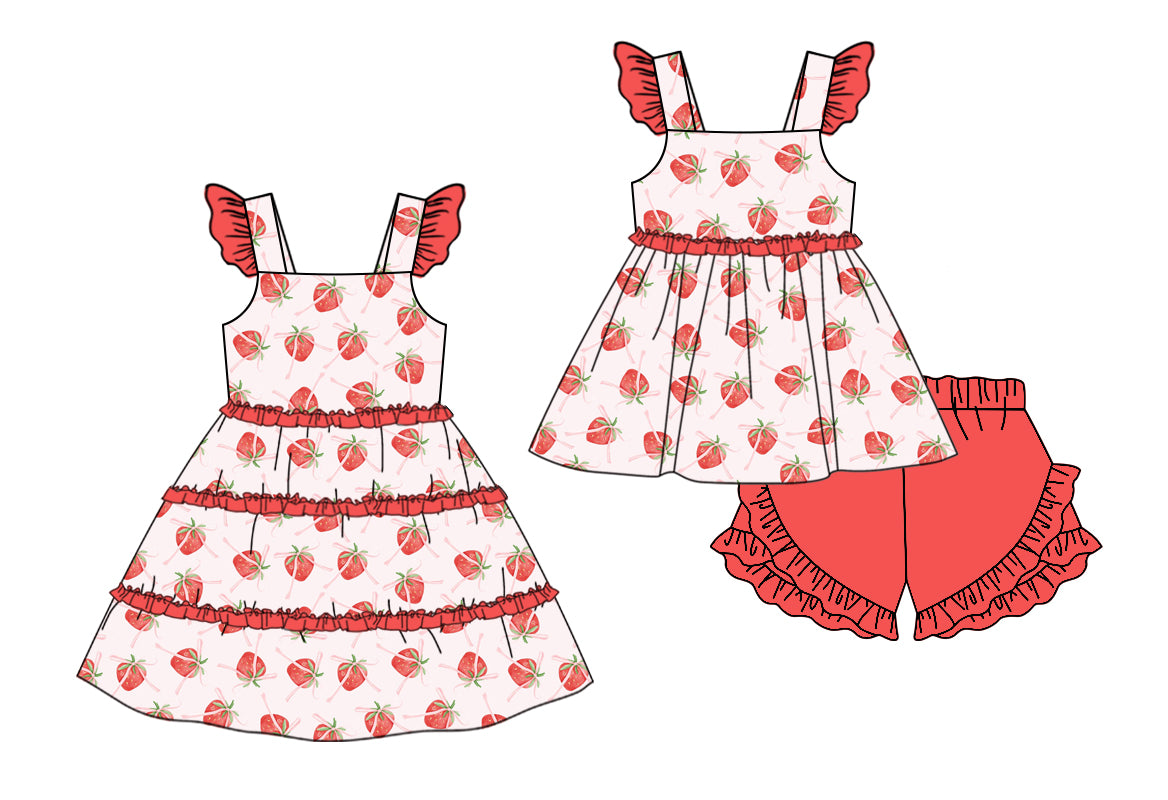 11.11 custom each style moq 5eta 4-6week Sibling Sister strawberry baby girl short sleeve shorts sets and dresses match design