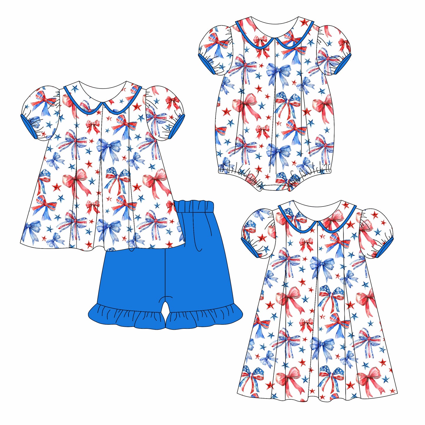 3.6 custom each style moq 5eta 4-6week Sibling Sisters bow baby girl short sleeve shorts sets and dress and rompers match family design