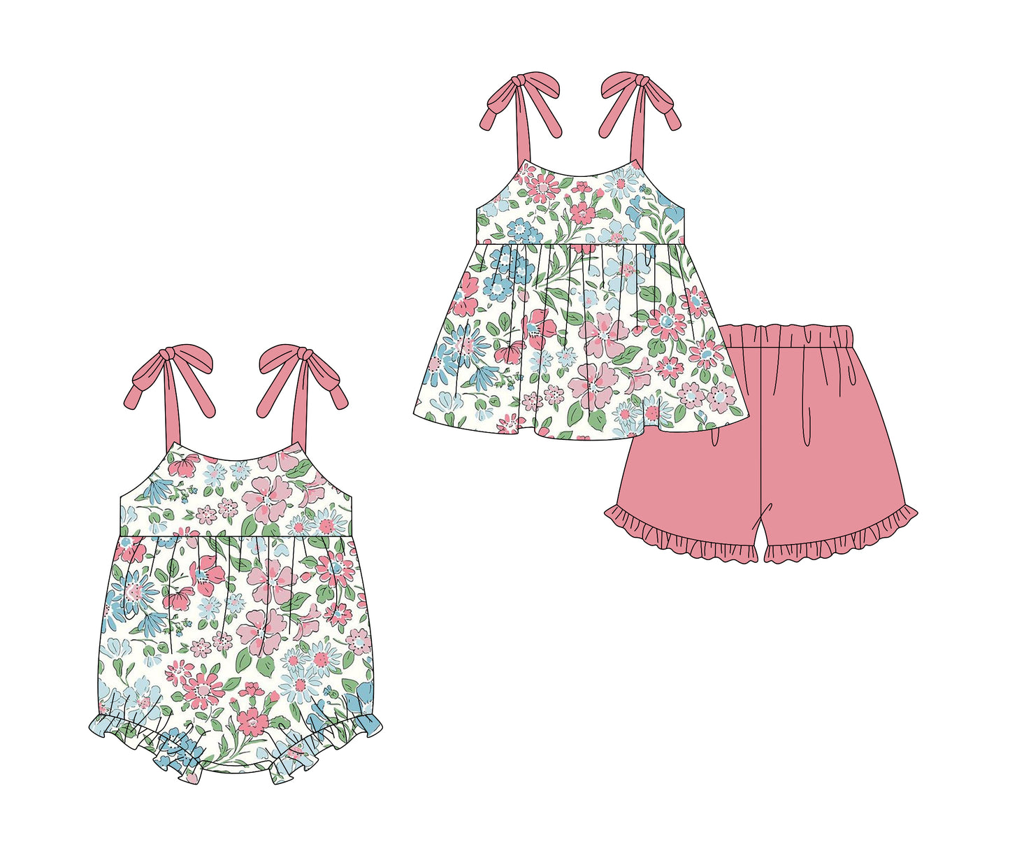 2.14 custom each style moq 5eta 4-6week Sibling Sister floral baby girls short sleeve shorts sets and romper match design