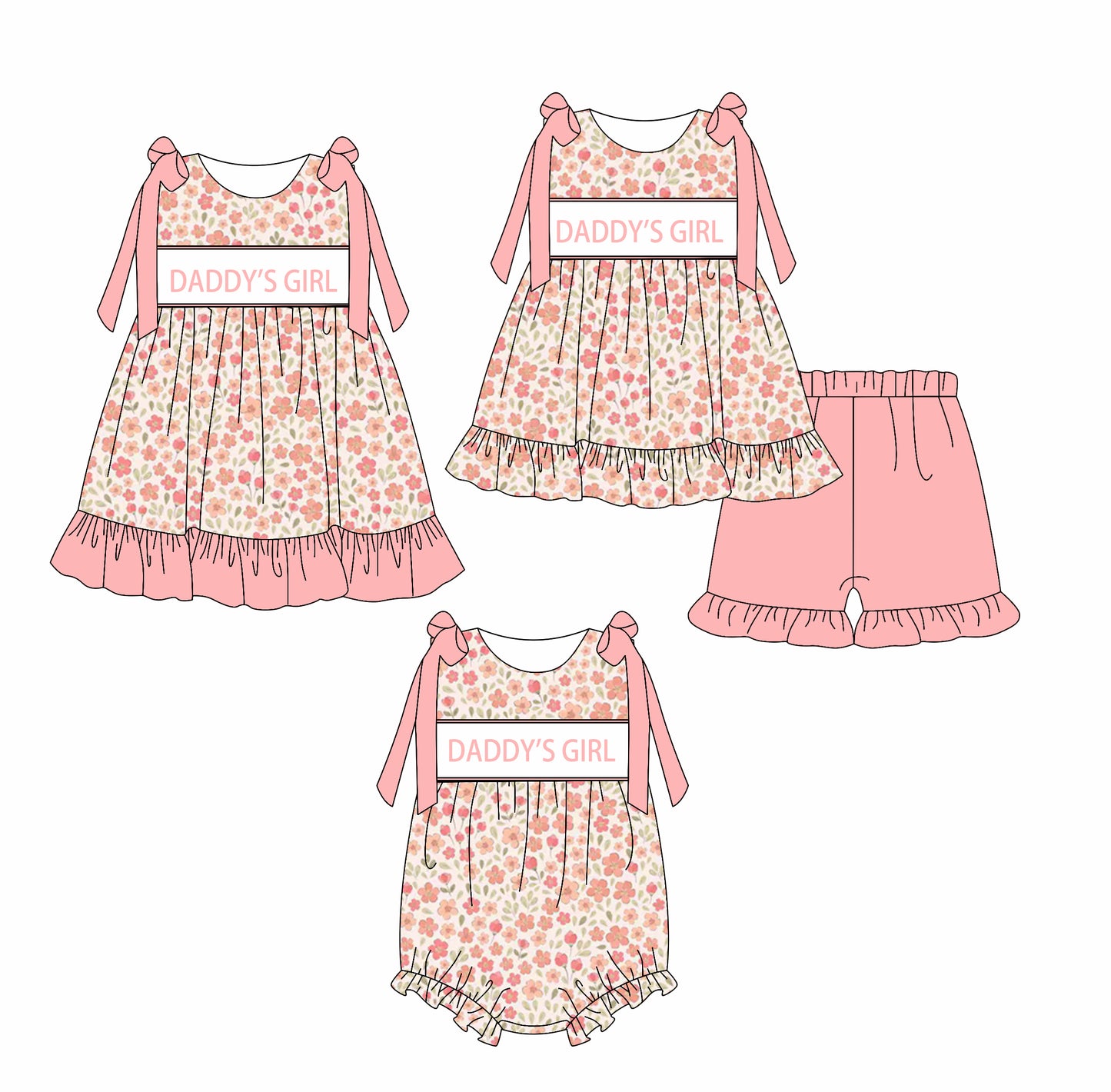 2.18 custom each style moq 5eta 4-6week Sibling Sisters DADDY GIRL baby girl short sleeve shorts sets and dress and rompers match family design