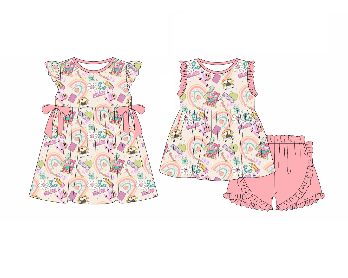 4.7 custom each style moq 5eta 4-6week Sibling Sister back to school baby girl short sleeve shorts sets and dresses match design