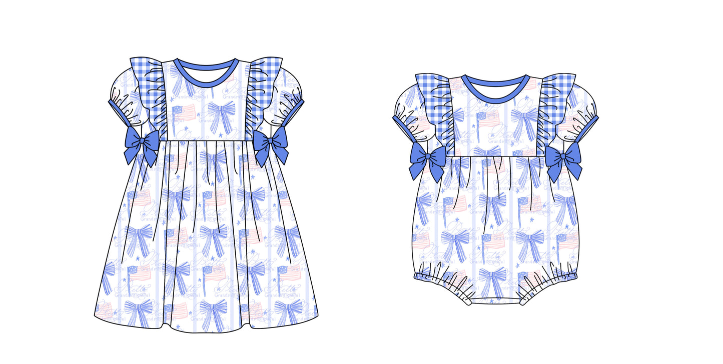 11.23 custom each style moq 5eta 4-6week Sibling Sister 4th of july bow baby girl short sleeve shorts dress and rompers match family design