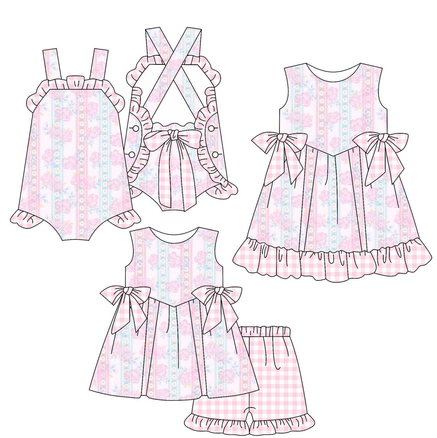 2.15 custom each style moq 5eta 4-6week Sibling Sisters floral baby girl short sleeve shorts sets and dress and rompers match family design